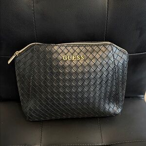 GUESS Black Woven Logo Toiletry Bag with Gold Hardware